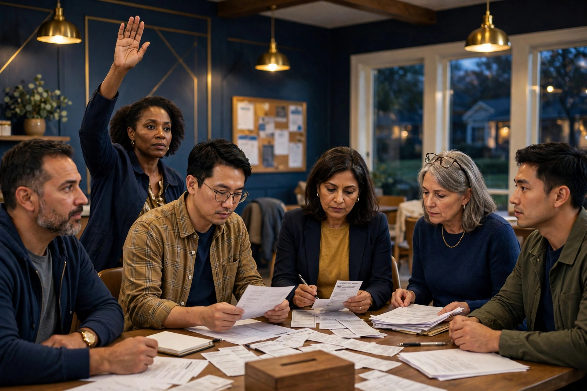 Homeowners at a community clubhouse table electing their first HOA board after developer turnover, ballots and association documents on the table