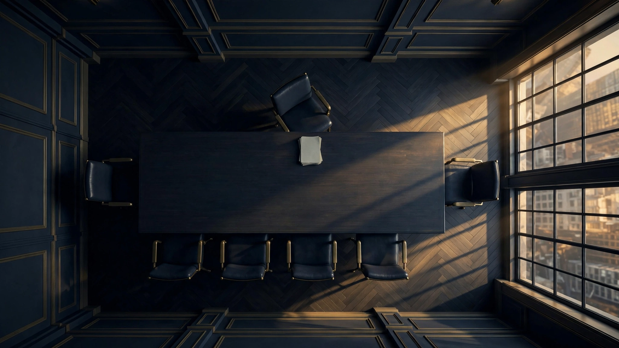 Empty boardroom chair and papers in dark navy light, illustrating HOA board bad faith disputes