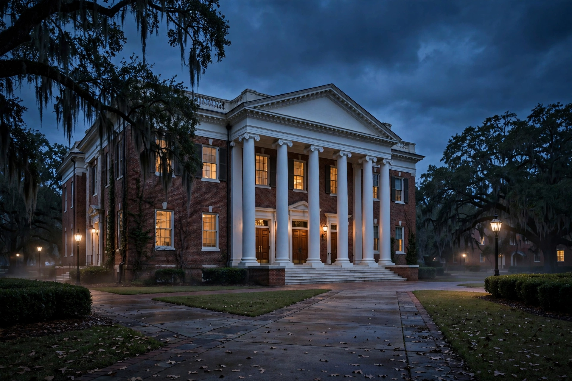 South Carolina university campus building at dusk