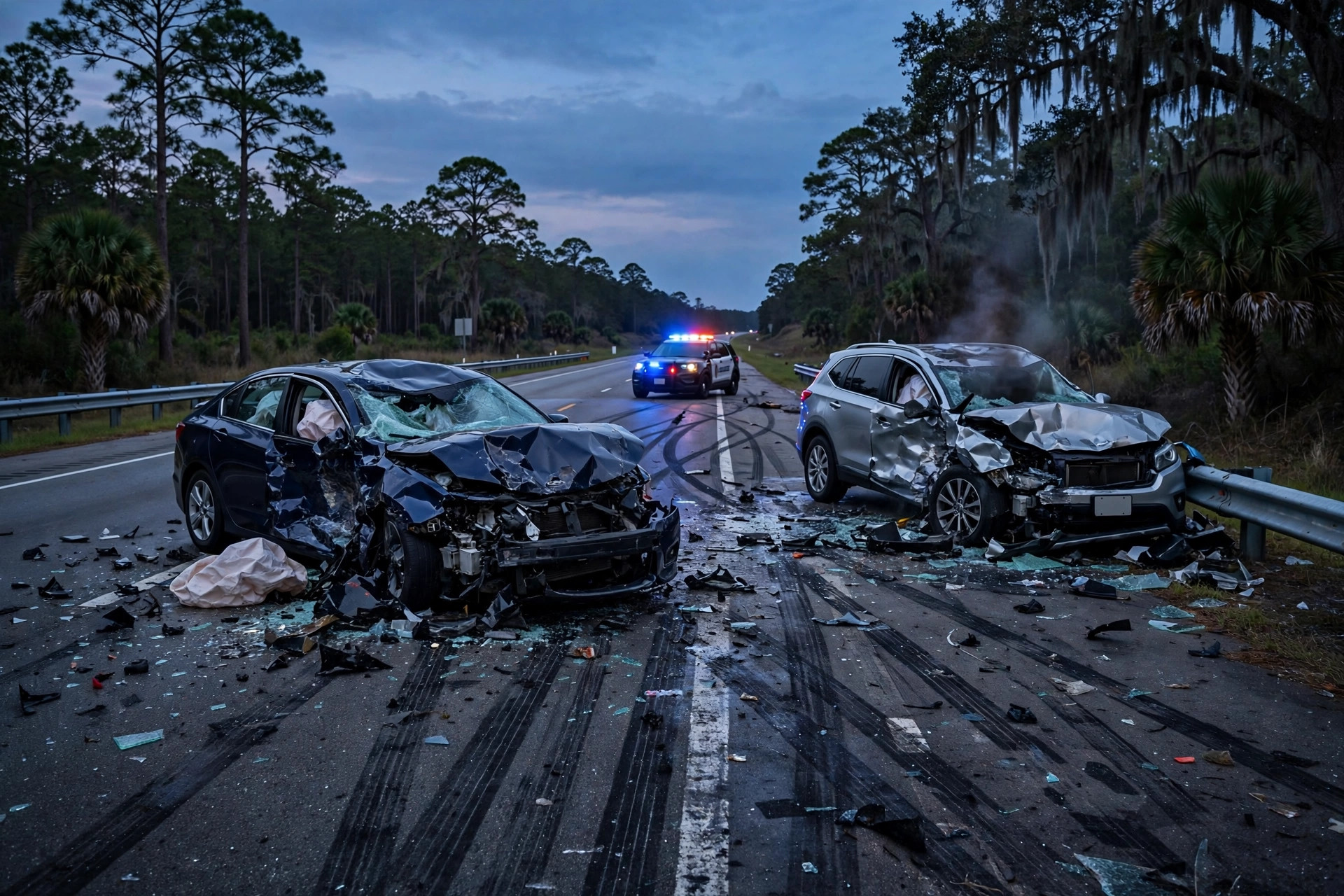 Damaged cars at the scene of a car wreck in South Carolina