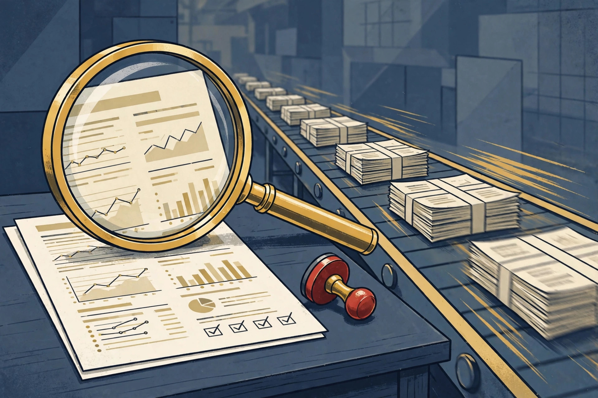 Illustration of a magnifying glass examining a credit report next to a rubber stamp, representing a furnisher's FCRA reinvestigation duty