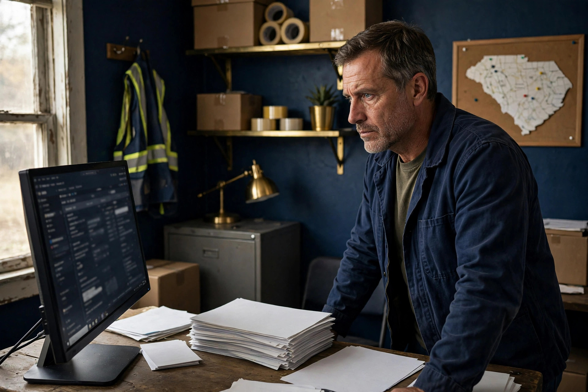 Owner of a small South Carolina freight company in a dispatch office looking at unpaid freight invoices