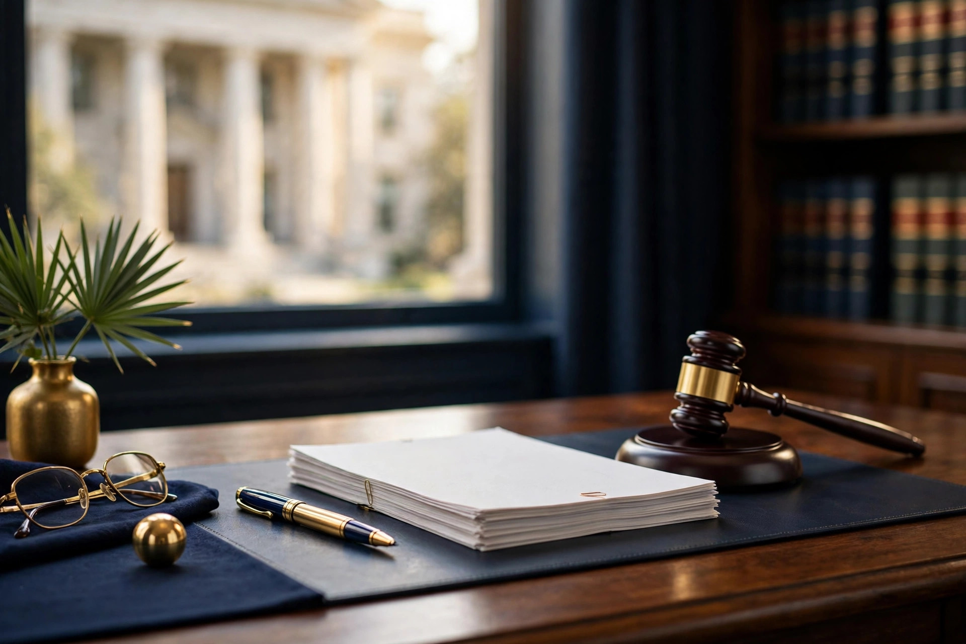 A South Carolina attorney's desk with a brass gavel, legal documents, and a fountain pen, courthouse columns visible through the window