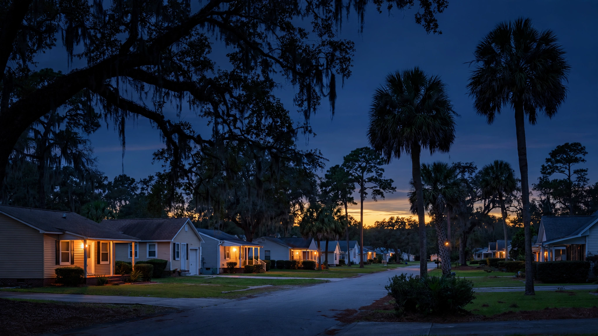 South Carolina suburban neighborhood at dusk, illustrating HOA problems homeowners face