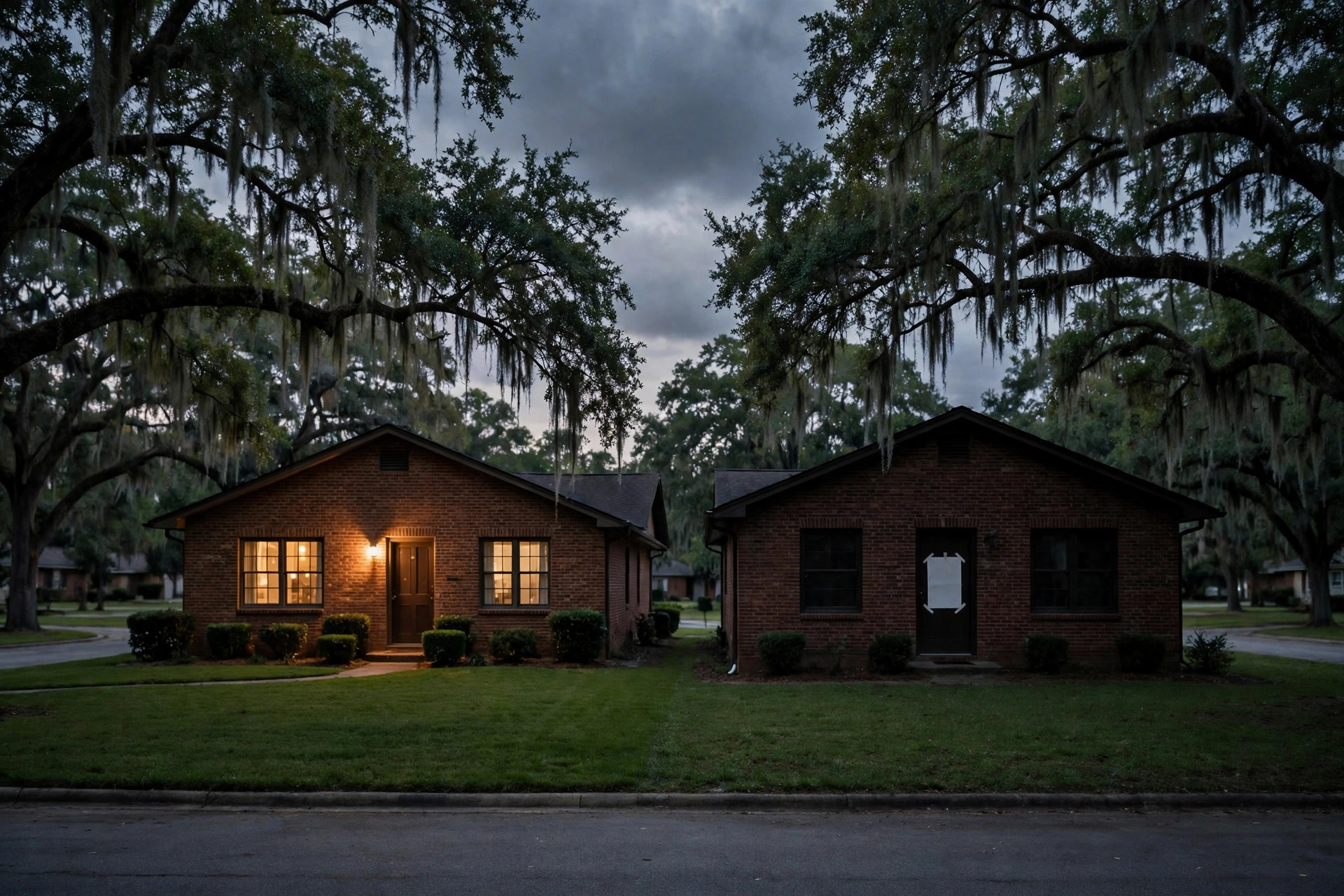 Two similar brick houses under live oaks at dusk in South Carolina, one lit and one in shadow with a notice taped to its door, illustrating subjective HOA standards and selective enforcement