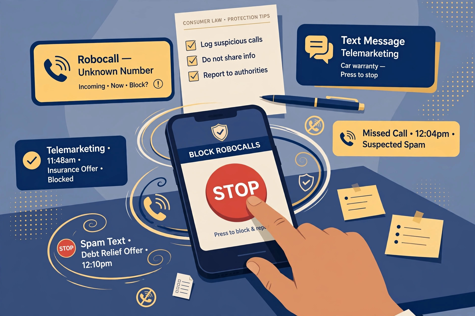 Smartphone flooded with robocall and telemarketing text notifications, with a STOP button being pressed
