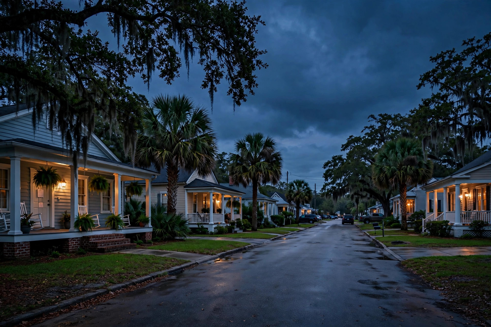 Charleston South Carolina Lowcountry street at dusk with a foreclosure notice on a front door