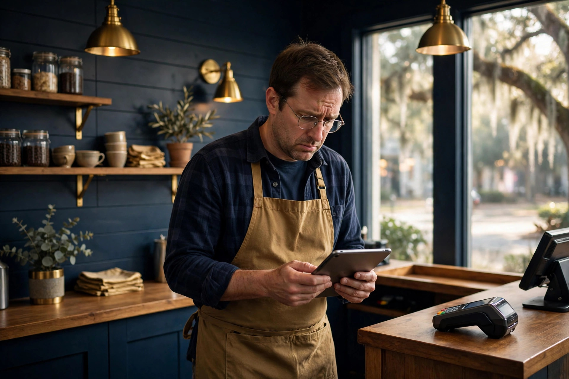 South Carolina café owner standing at an empty checkout counter looking at a tablet with a concerned expression, card reader idle