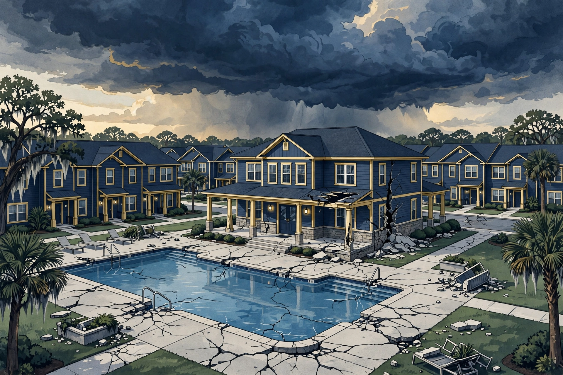 South Carolina HOA common-area construction defects — leaking roofs, cracked roads, and a developer-built community