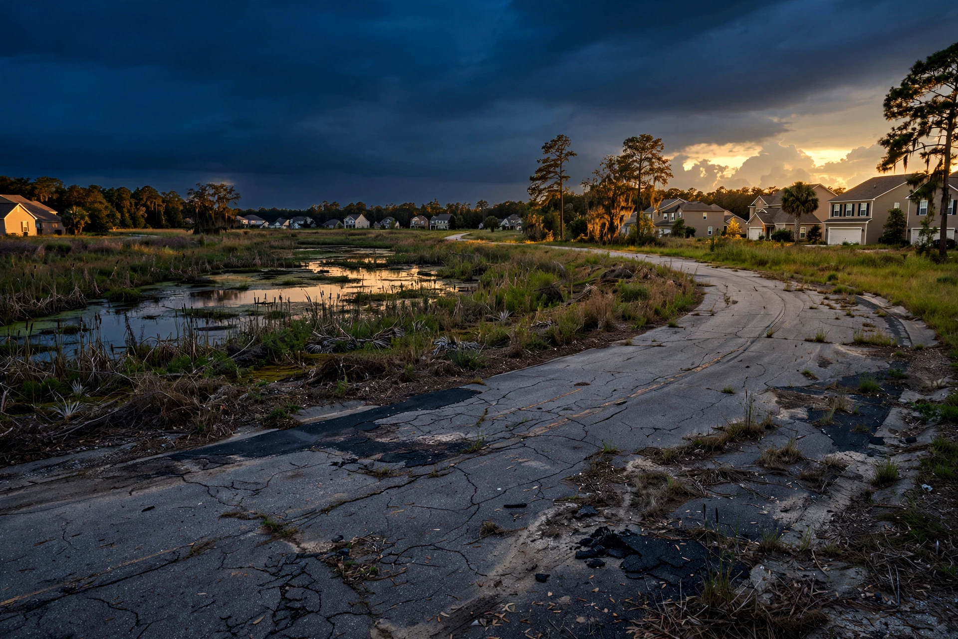 Empty subdivision road and stormwater pond at sunset, symbolizing developer-dumped common areas