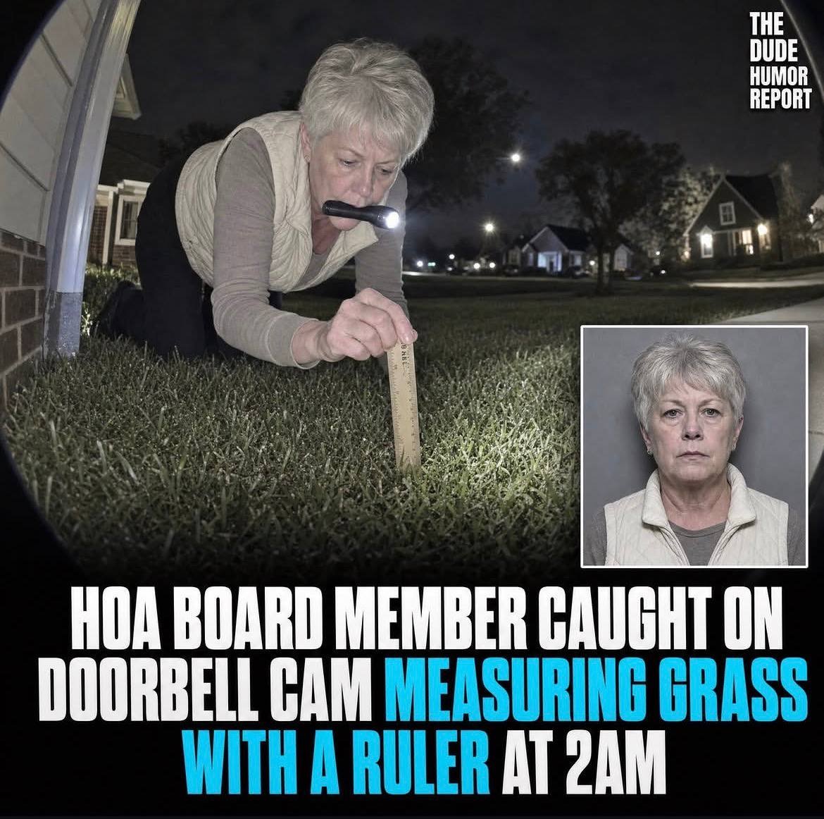 Satirical viral photo: HOA board member caught on doorbell camera measuring a homeowner's grass with a ruler at 2 AM