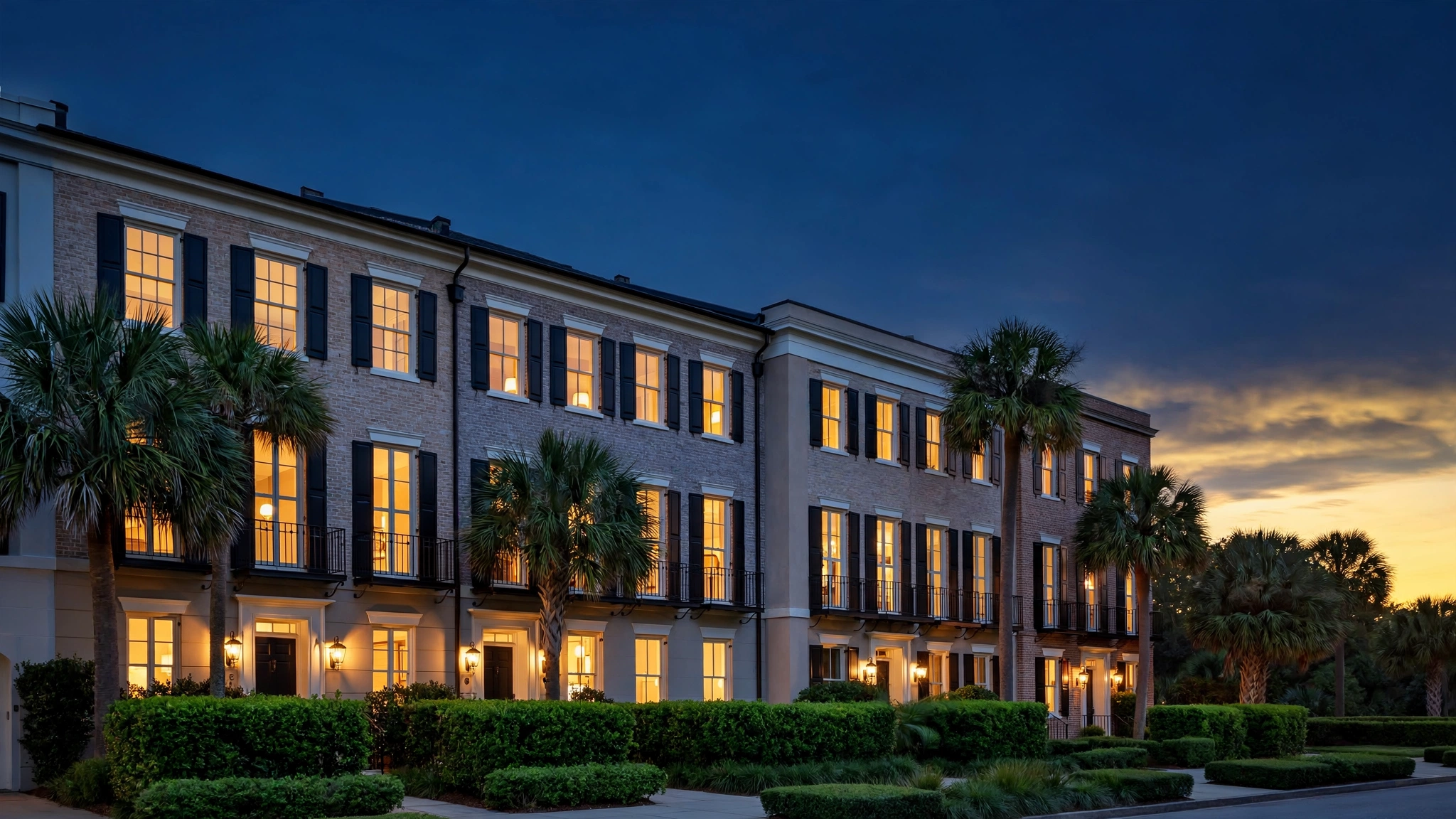 Row of Lowcountry townhomes at dusk with warm lights, illustrating HOA board fiduciary duty