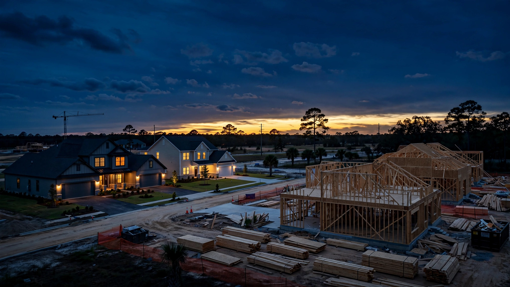 Half-built South Carolina subdivision at dusk, illustrating developer control of an HOA