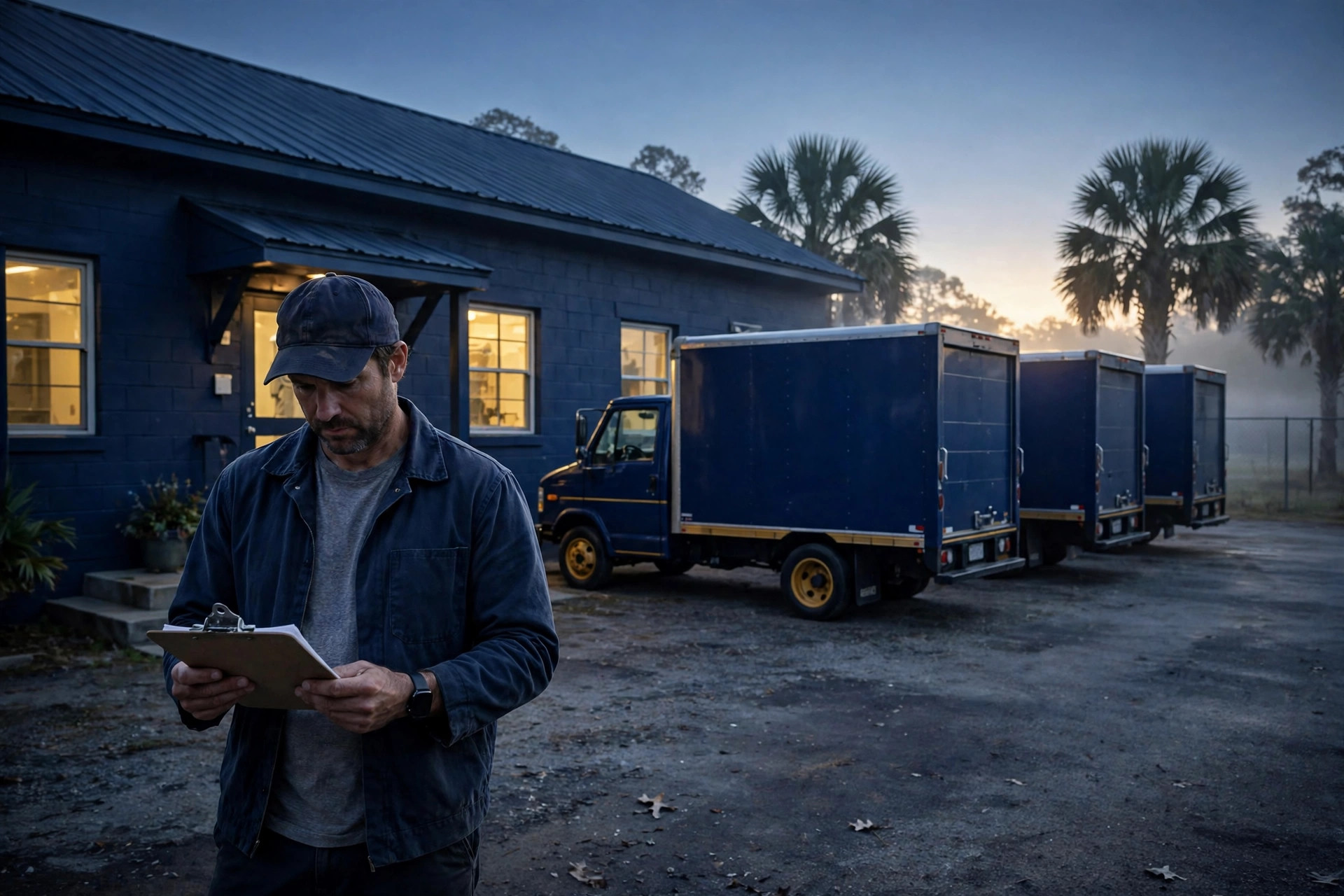 South Carolina trucking carrier owner in work clothes studying a clipboard at dawn outside a modest fleet office, navy box trucks parked behind him