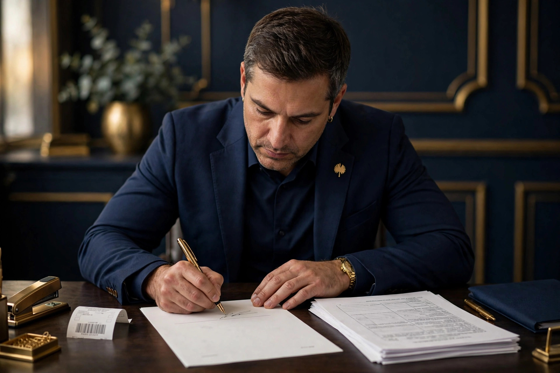 South Carolina business owner at a desk signing a formal demand letter, certified mail receipt and printed public records search beside the letter