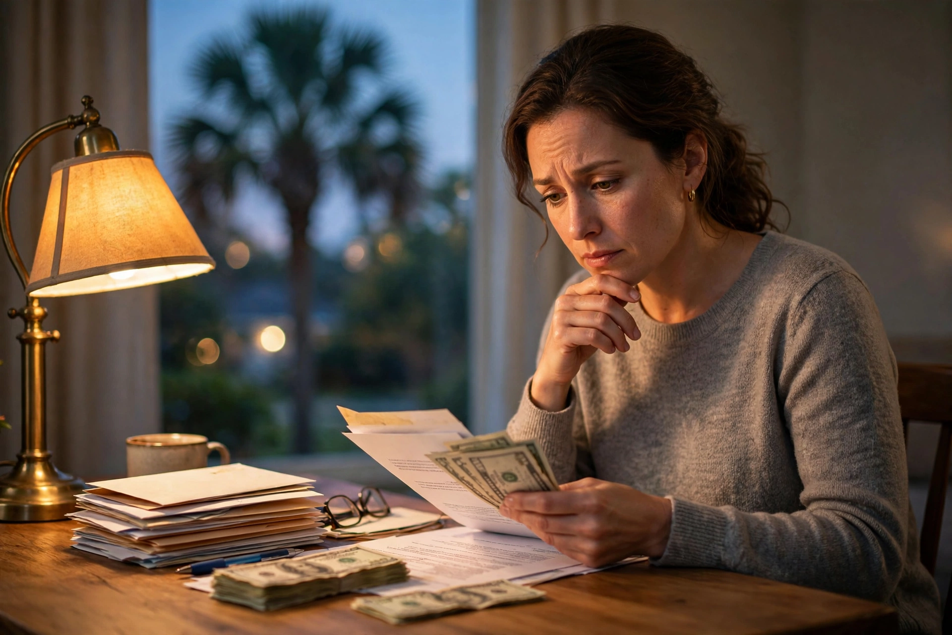 South Carolina resident reviewing overdue bills at a desk while seeking debt relief help