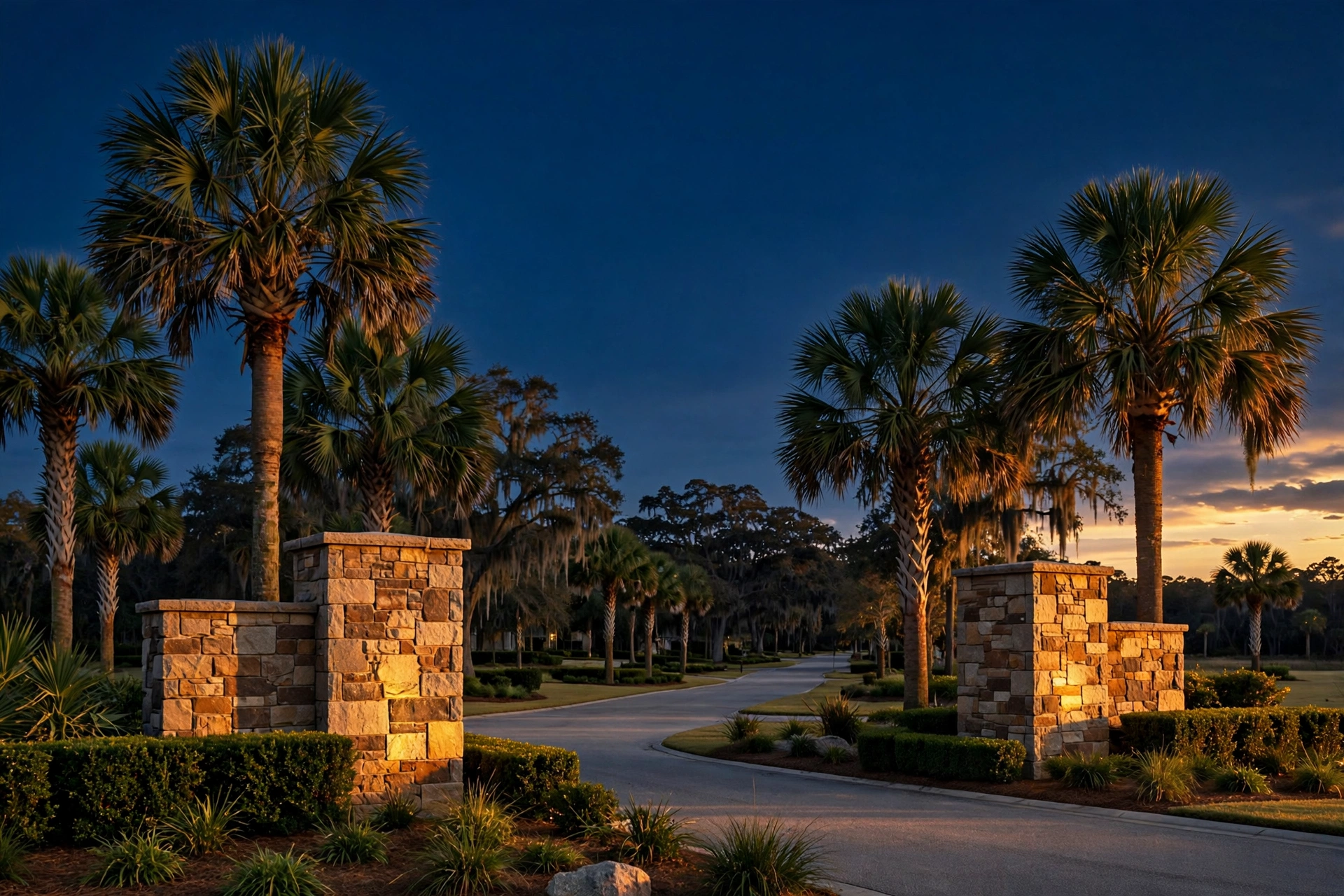 Community entrance landscaping at golden hour, illustrating HOA board authority limits