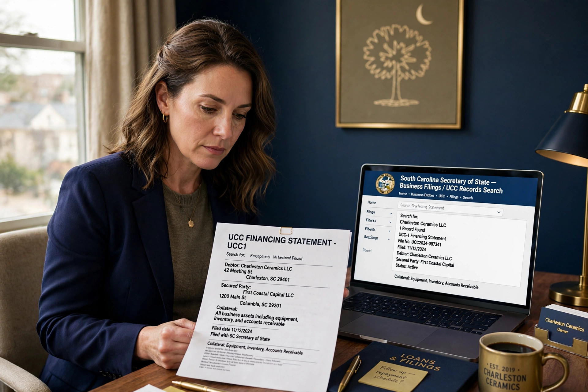 South Carolina small-business owner reviewing a printed UCC-1 financing statement next to a laptop showing a Secretary of State records search