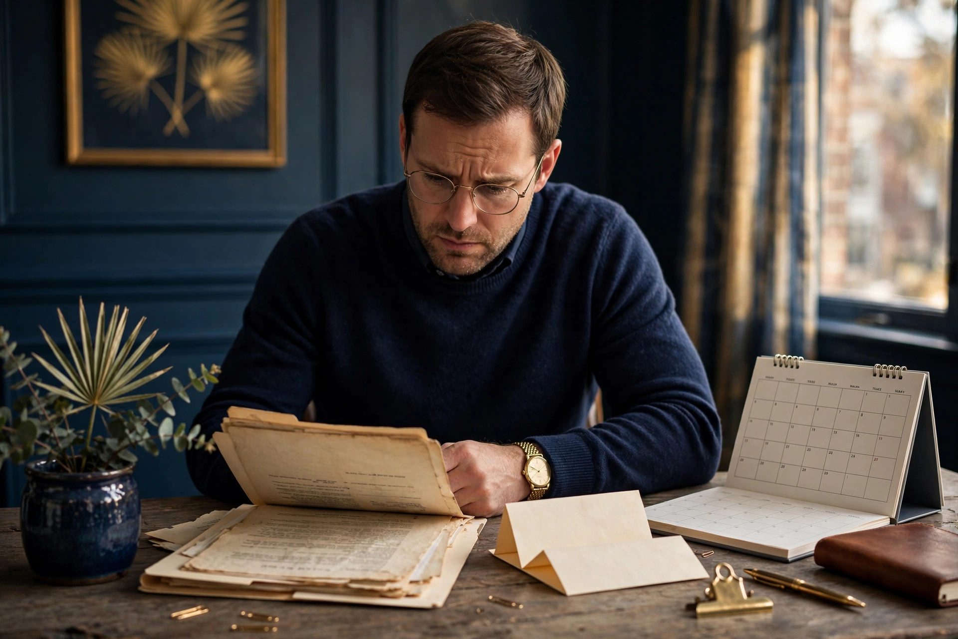 South Carolina business owner at a desk studying an old loan file and a calendar, lender's letter beside him