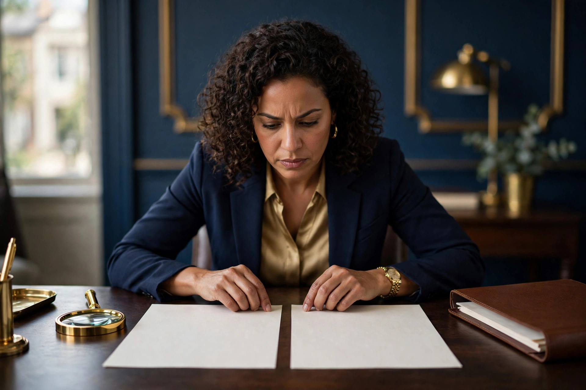 South Carolina business owner at a desk comparing two nearly identical business documents side by side, magnifying glass and file folder nearby