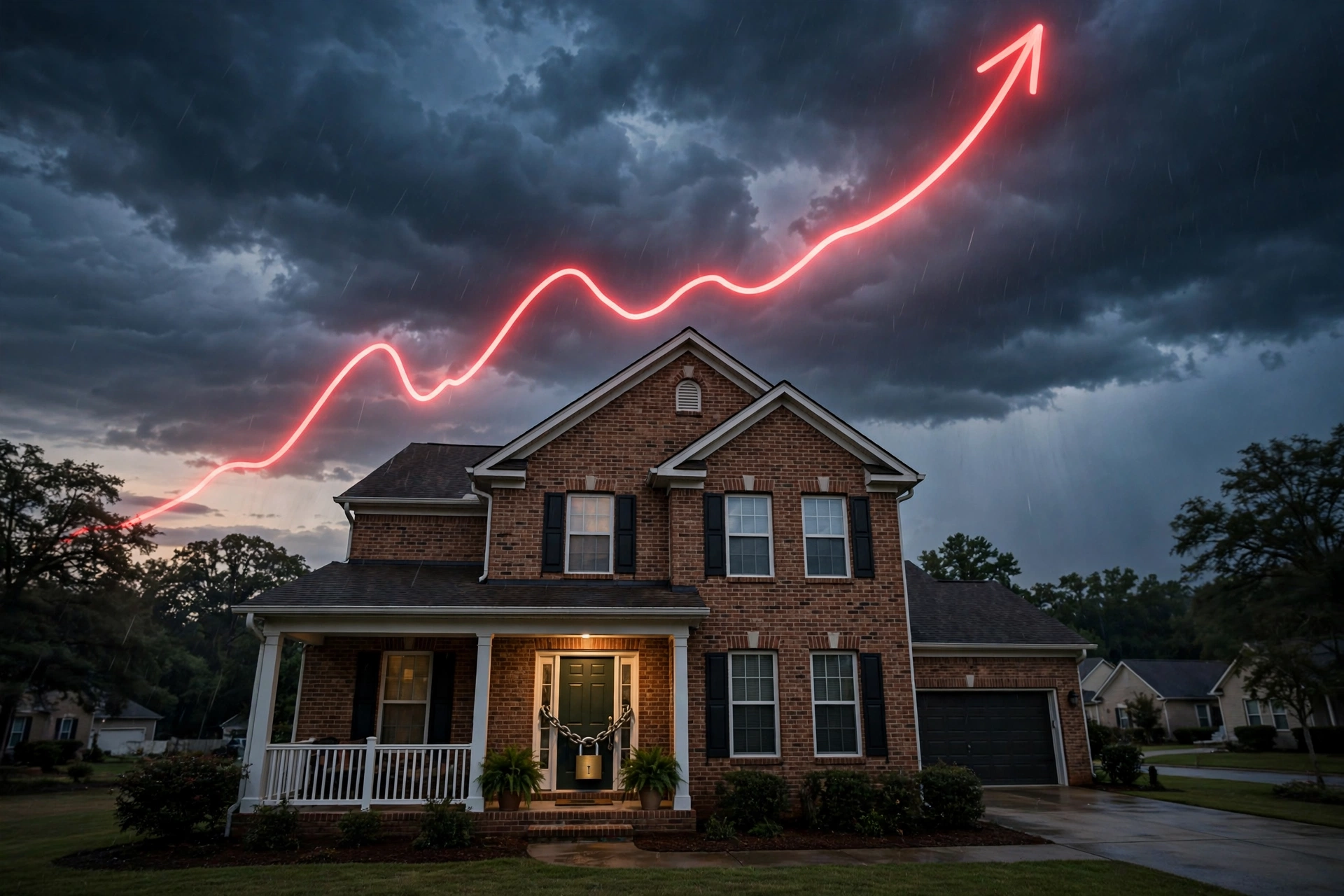 South Carolina home under a rising interest rate graph with a second padlock on the door, symbolizing second-lien foreclosure risk