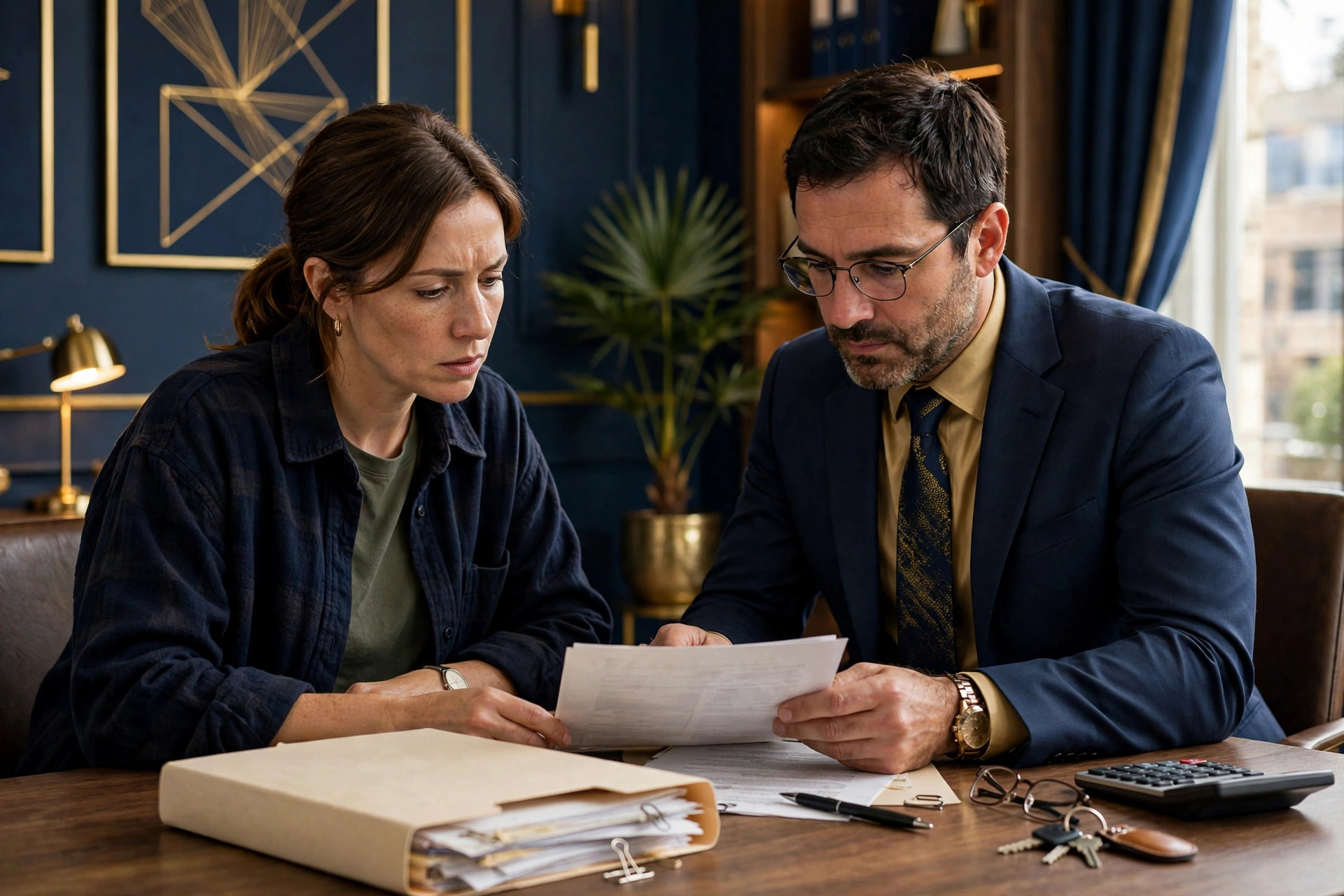 South Carolina business owner and loan officer reviewing a thick loan file across a desk
