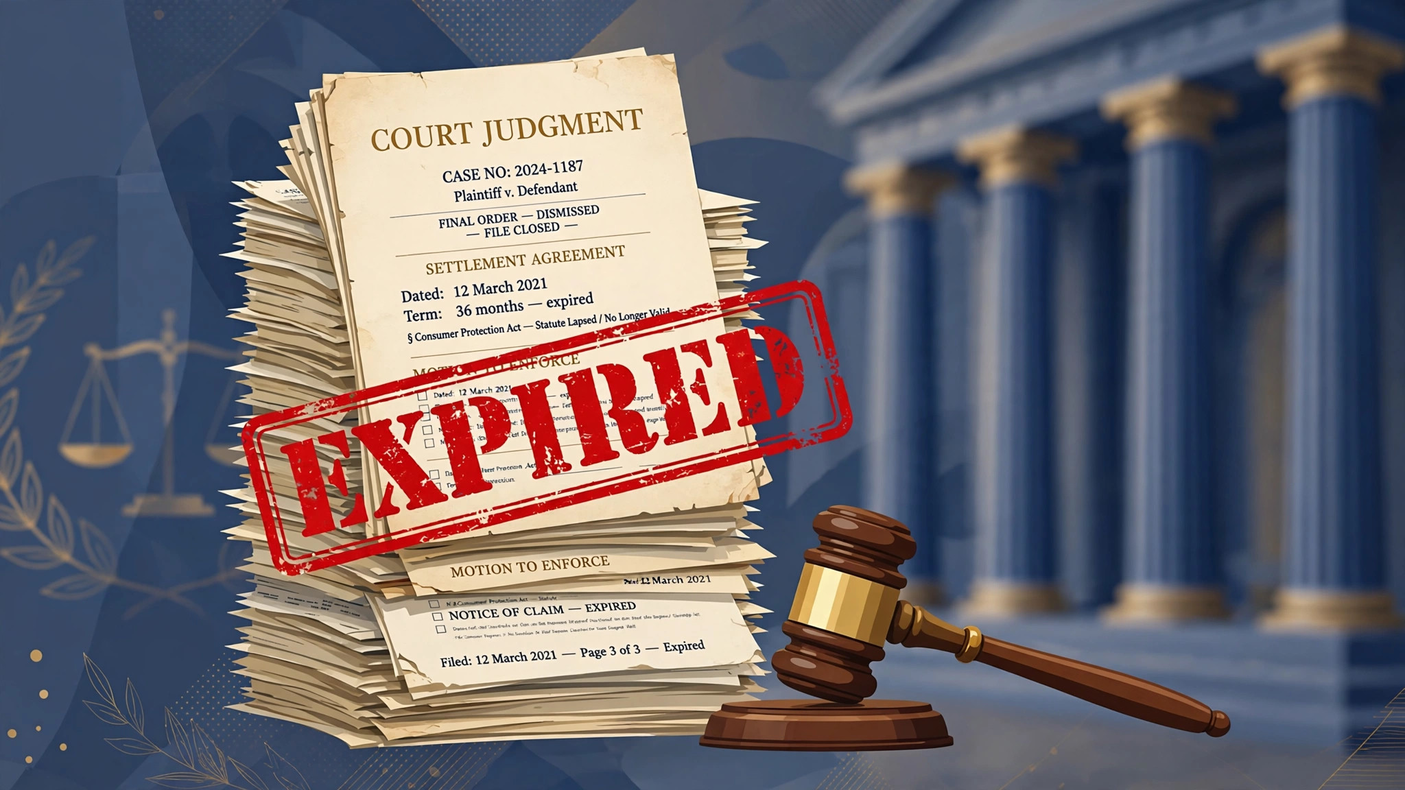 Stack of court judgment papers stamped EXPIRED with a gavel beside them