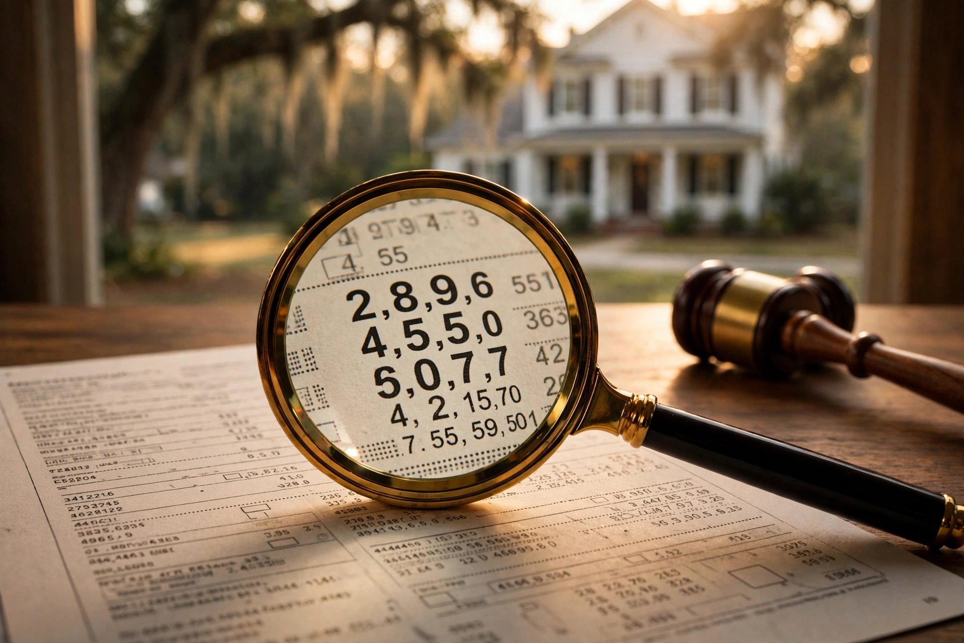 Magnifying glass over a mortgage statement's escrow section with a South Carolina home in the background