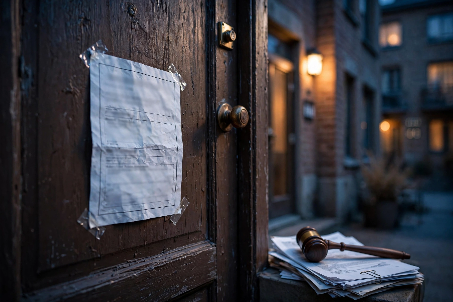 Eviction notice on an apartment door with a judge's gavel
