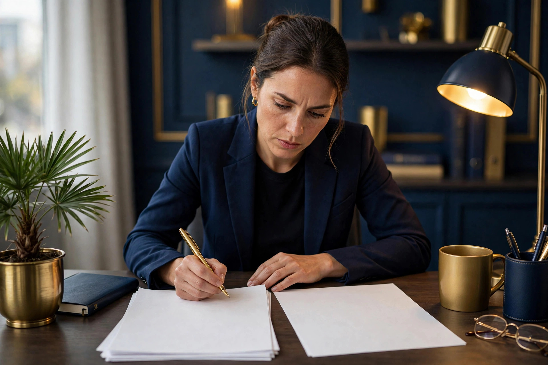 South Carolina business owner at a desk reviewing a certified UCC search report and a dispute form, pen in hand