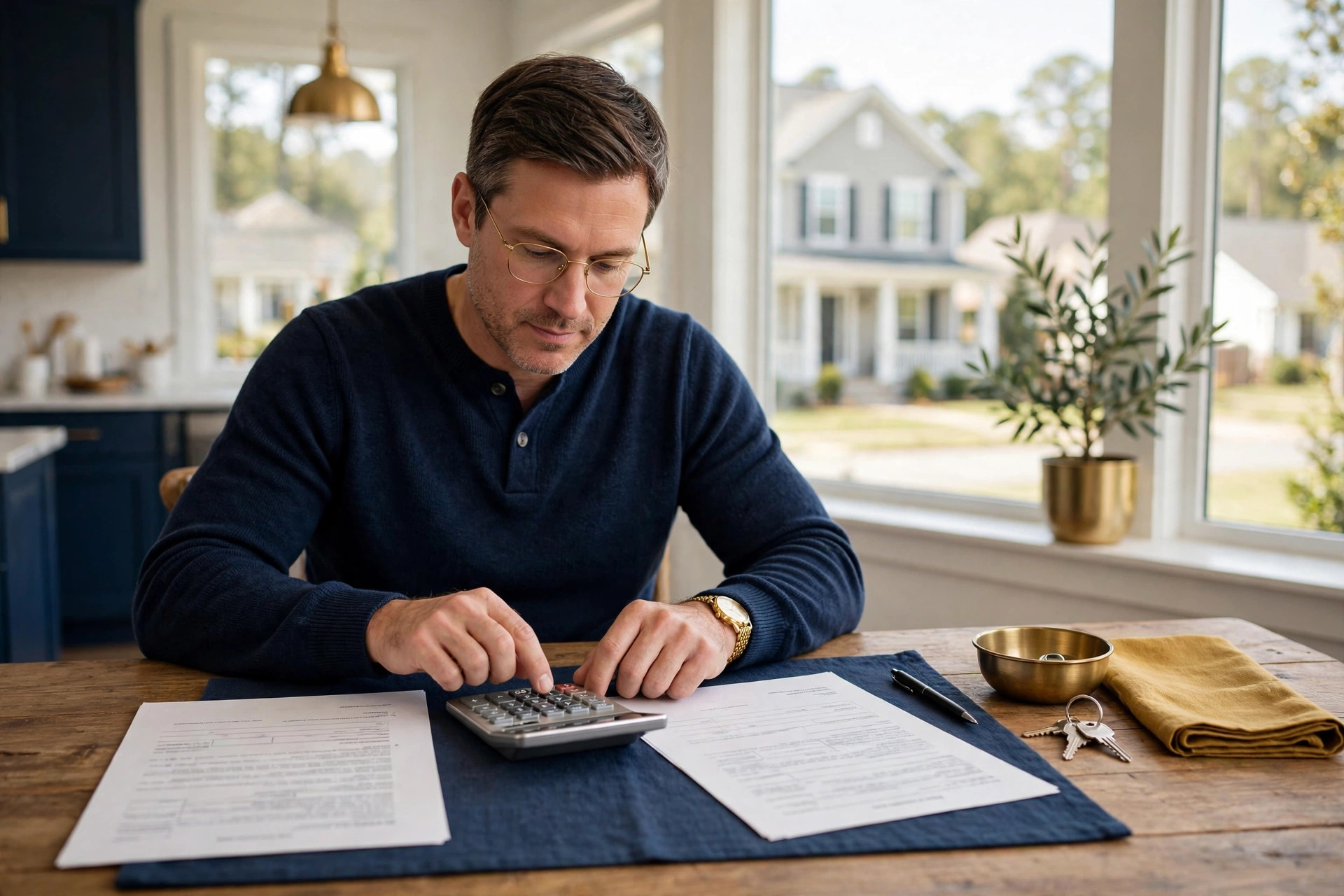 South Carolina homeowner reviewing a mortgage escrow statement and property tax bill with a calculator at a kitchen table